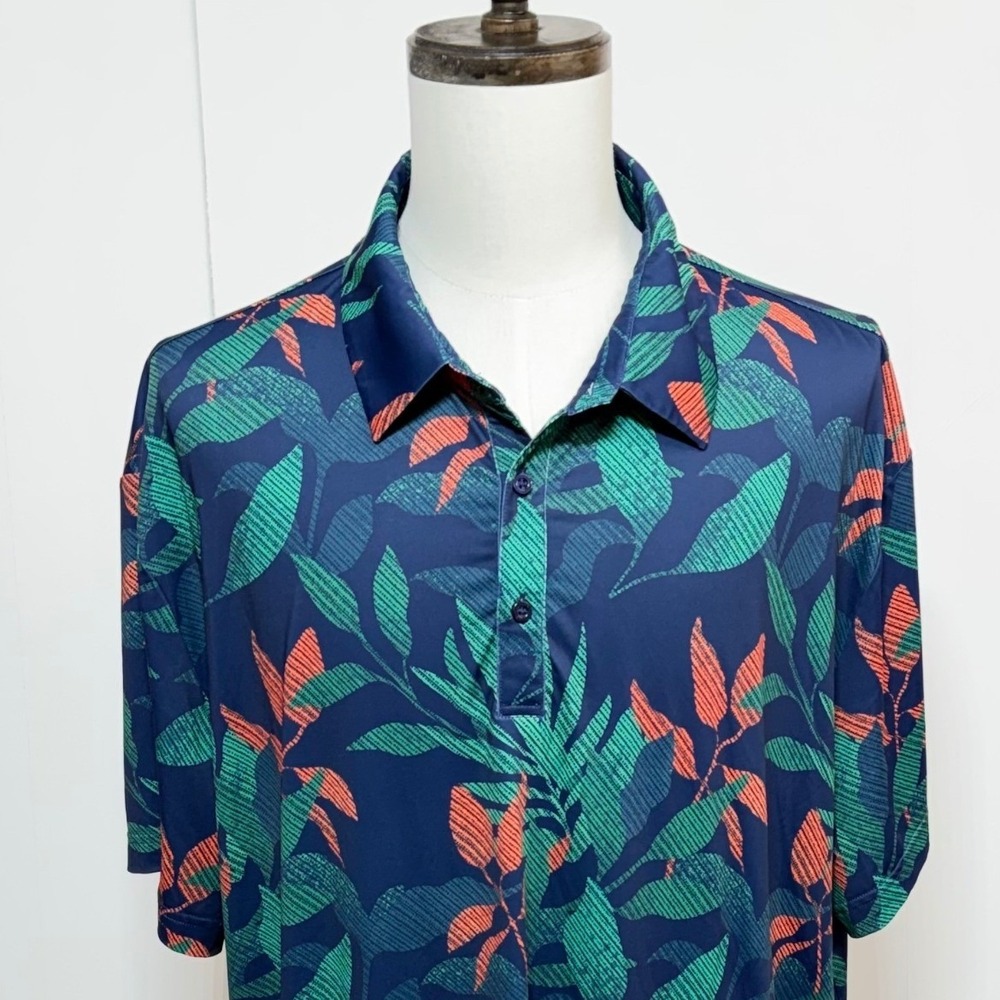 Birdie Bound Shirt Mens 3XL Blue Polo Short Sleeve Tropical Floral Stretch Golf